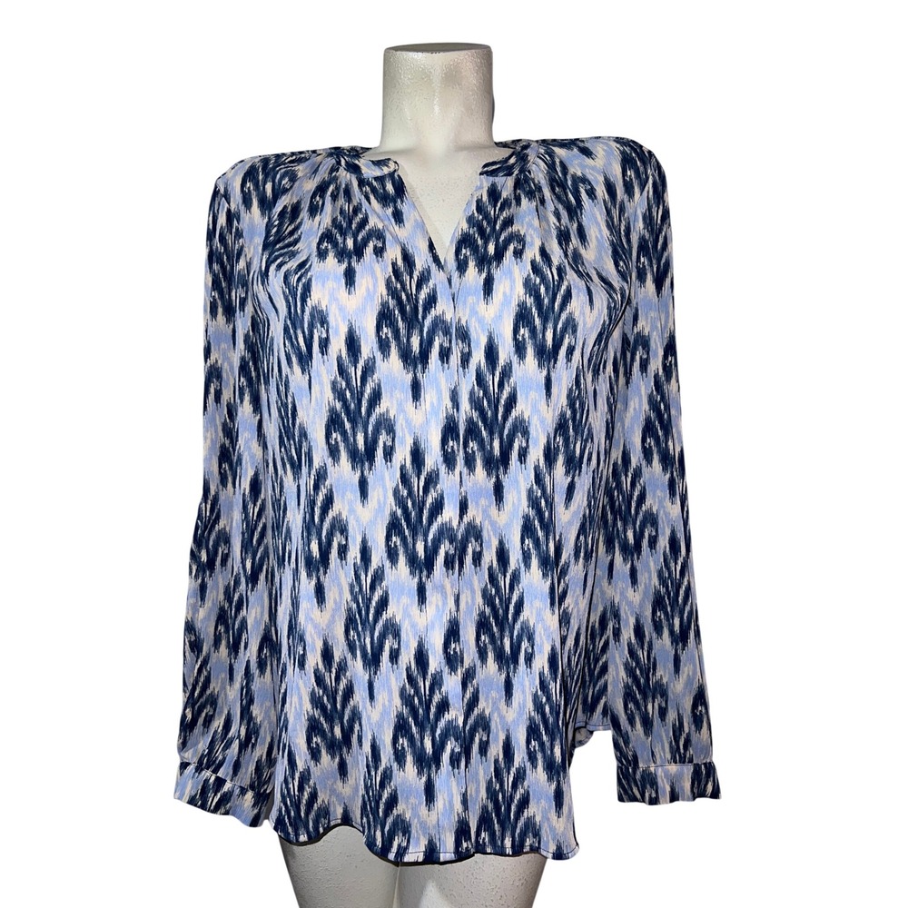 Chicos Womens Navy Blue Ikat Print Split V-Neck Long Sleeve Blouse Sz XL (3) 16